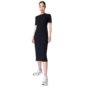 Women's 8 Sweaty Betty Black Ribbed Midi Dress Slim Fit Pleated Lettuce Hem